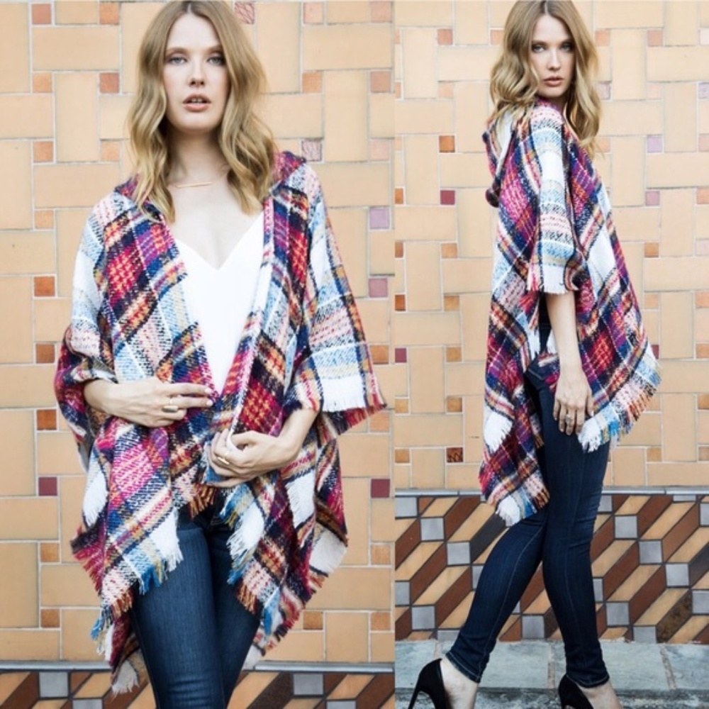 Gracelyn Magenta Hooded Plaid Kimono Top